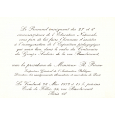 Carton d'invitation à l'inauguration de l'exposition pédagogique des 23ème et 6ème circonscriptions de l'Éducation Nationale.