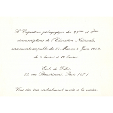 Carton d'invitation à l'exposition pédagogique des 23ème et 6ème circonscriptions de l'Éducation Nationale.