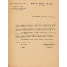 Circulaire du Ministre Secrétaire d'État à l'Agriculture et du Secrétaire d'État à l'Éducation Nationale et à la Jeunesse appelant le corps enseignant à commémorer le tricentenaire de la mort de Sully. 