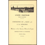 Brochure de l'inauguration de la plaque commémorative à la mémoire des anciens professeurs et des anciens élèves du Lycée Pasteur morts pour la France depuis la seconde guerre mondiale. 