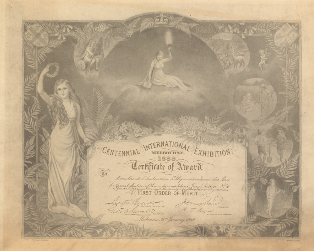 Centennial International Exhibition - Melbourne. 1888. Certificate of Award.