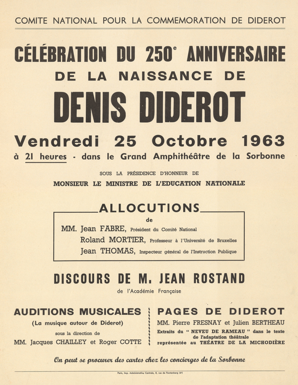 Célébration du 250ème anniversaire de la naissance de Denis Diderot - Vendredi 25 Octobre 1963.