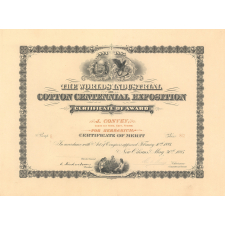 The Worlds Industrial and Cotton Centennal Exposition. Certificate of award.