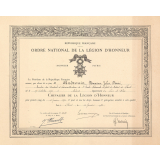 Titre de nomination de Chevalier de la Légion d'Honneur. 