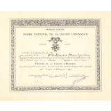 Titre de nomination d'Officier de la Légion d'Honneur. 