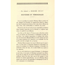 A la mémoire de Madame Menat. Directrice honoraire d'Ecole Normale. Chevalier de la Légion d'Honneur. 1863-1936.