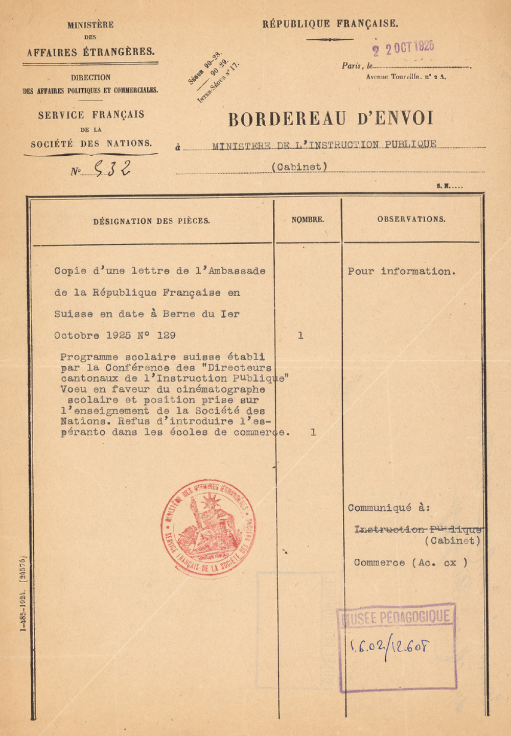 Programme scolaire suisse établi par la Conférence des Directeurs cantonaux de l'Instruction publique. Vœu en faveur du cinématographe scolaire et position prise sur l'enseignement de la Société des Nations. Refus d'introduire l'espéranto dans les écoles de commerce..