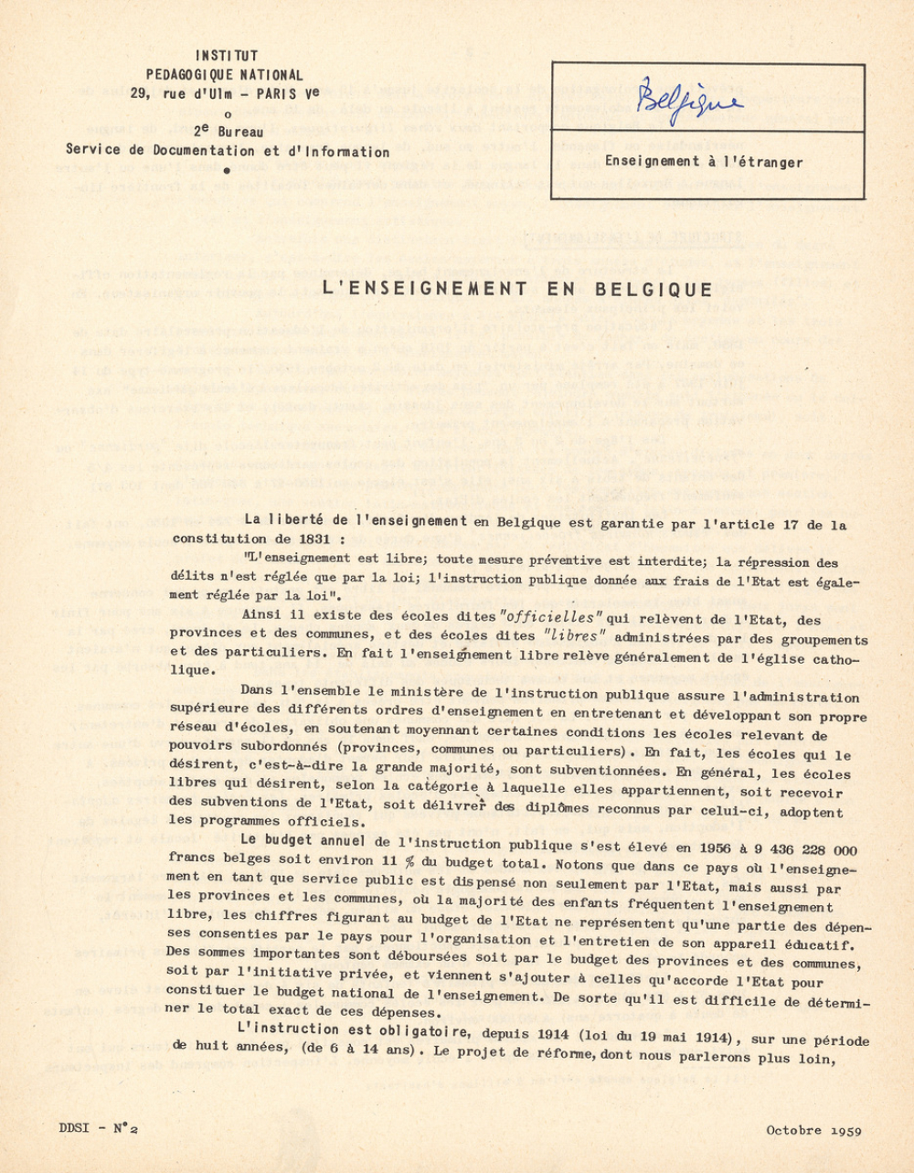 L'enseignement en Belgique. Le pacte scolaire belge.