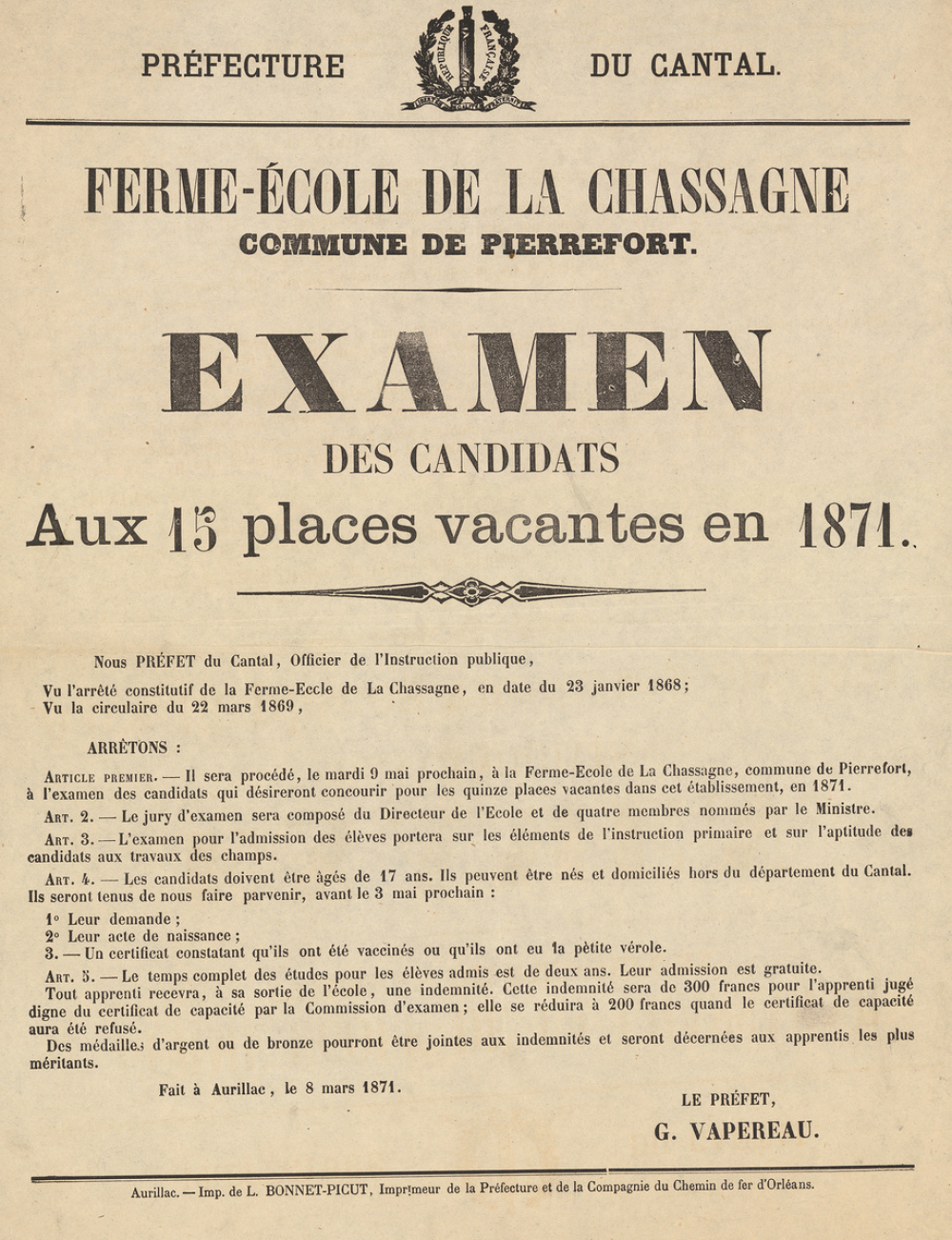 Préfecture du Cantal - Ferme-école de la Chassagne, Commune de Pierrefort. Examen des candidats,  Aux 15 places vacantes en 1871.
