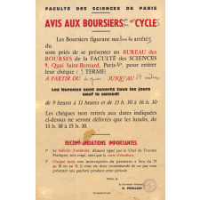 Faculté des Sciences de Paris - Avis aux boursiers 1er et 2ème cycles.