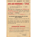 Faculté des Sciences de Paris - Avis aux boursiers 3ème cycle.