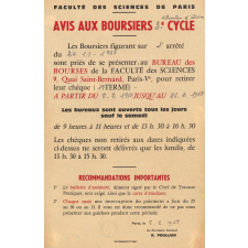 Faculté des Sciences de Paris - Avis aux boursiers 3ème cycle.