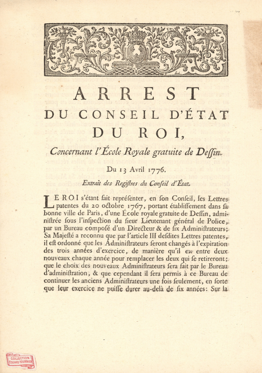 Arrest du Conseil d'État du Roi concernant l'École Royale gratuite de Dessin.