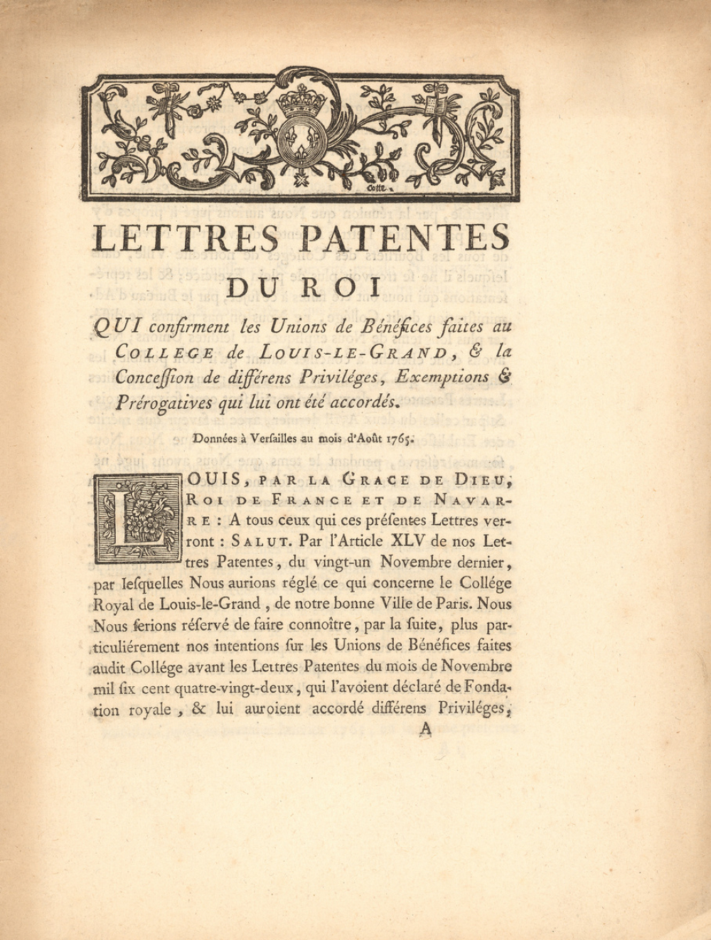 Lettres Patentes du Roi pour le Collège de Louis-le-Grand. 