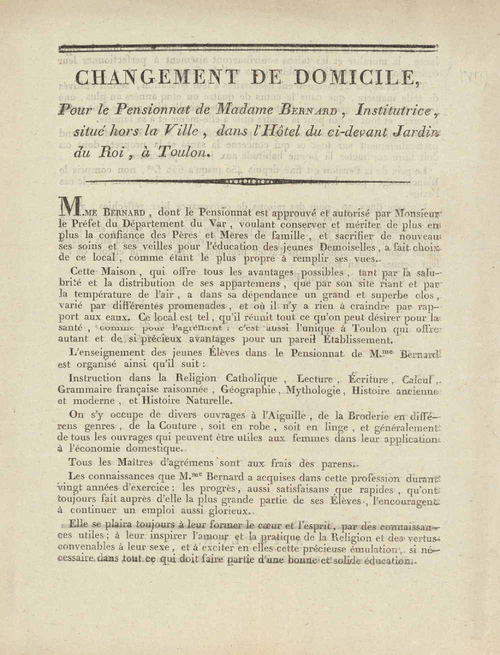 Changement de domicile pour le pensionnat de Madame Bernard à Toulon. 