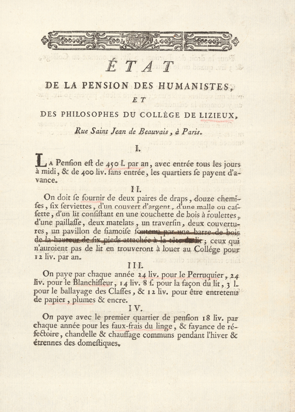 Etat de la pension des humanistes et des philosophes du collège de Lizieux.