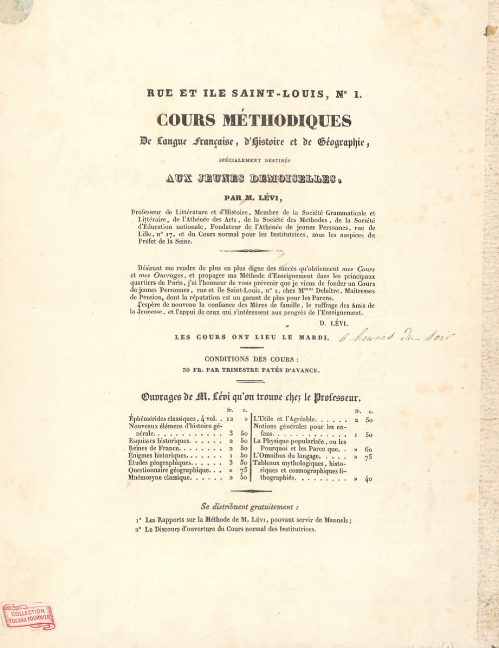 Cours méthodiques de Langue française, d'Histoire et de Géographie, spécialement destinés aux jeunes demoiselles, par M. Lévi. 