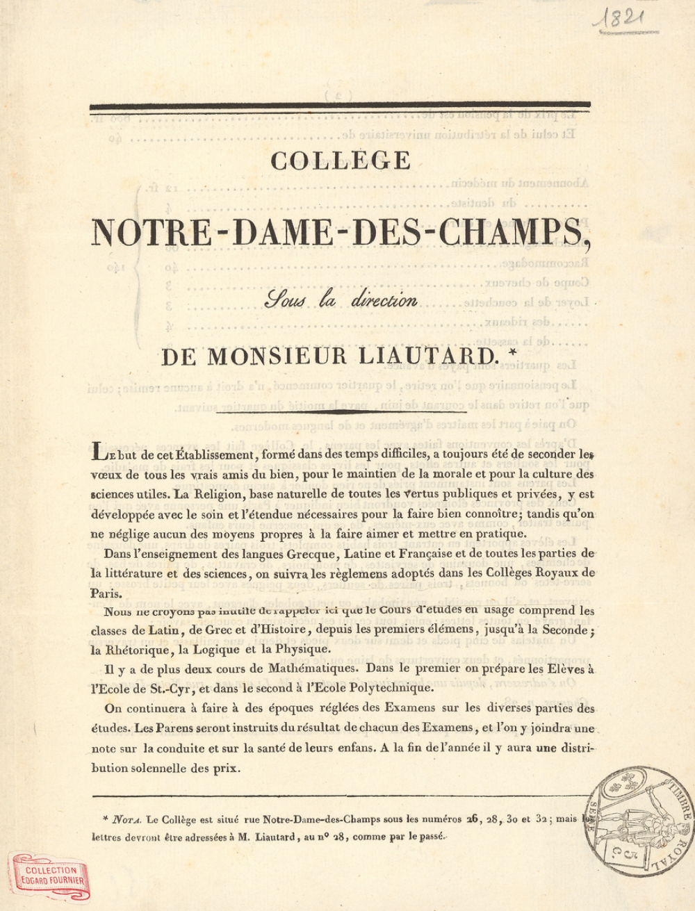Collége Notre-Dame-des-Champs sous la direction de Monsieur Liautard.