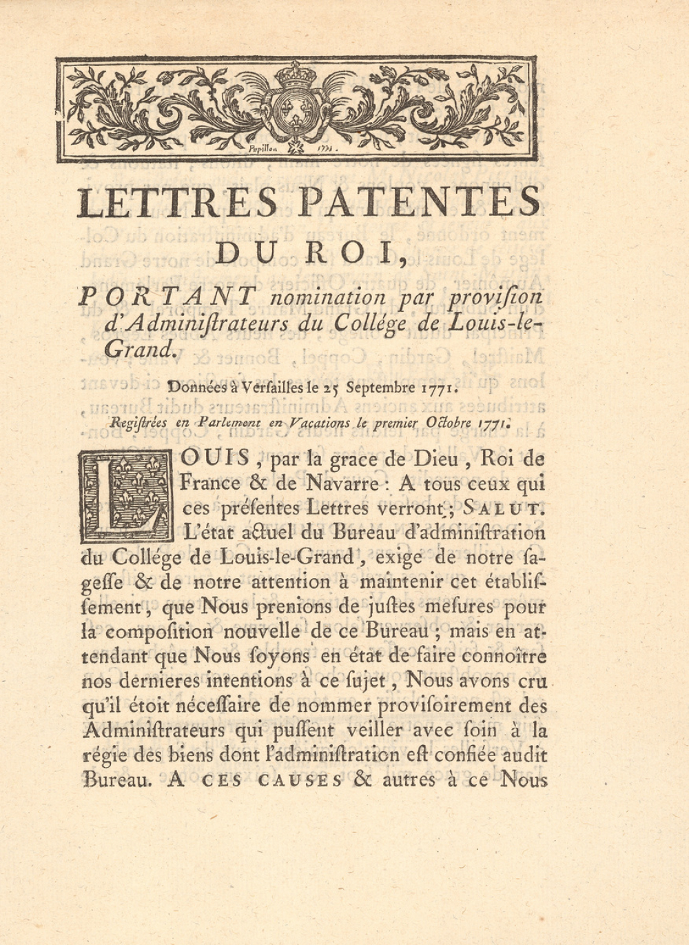 Lettres Patentes du Roi portant nomination par provision d'Administrateurs du Collége de Louis-le-Grand. 