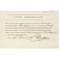 Lycée Républicain. Réimprimé de deux actions de Fondateur pour le baron Elisabeth-Pierre de Montesquiou. 