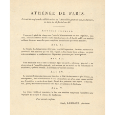 Athénée de Paris. Extrait du registre des délibérations de l'Assemblée générale des Fondateurs, en date du 28 Floréal an XI.