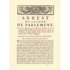 Arrest de la Cour de Parlement Portant réglement pour les écoles de Vierzon & pour la fondation faite par Etienne Rousseau, Avocat en Parlement, en faveur desdites Écoles & pour établir des Bourses dans le Collège de Bourges.