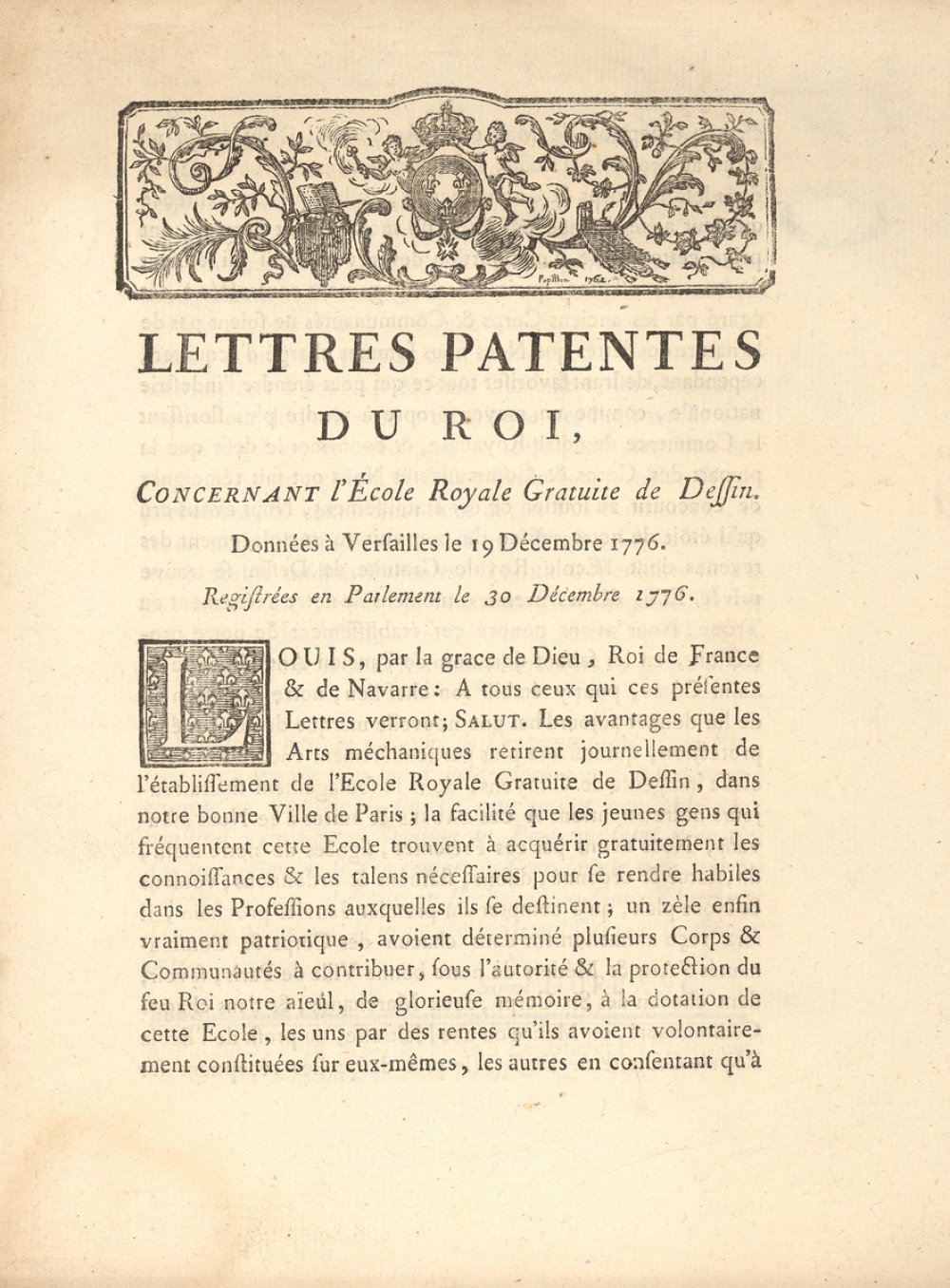 Lettres Patentes du Roi, concernant l'École Royale Gratuite de Dessin.
