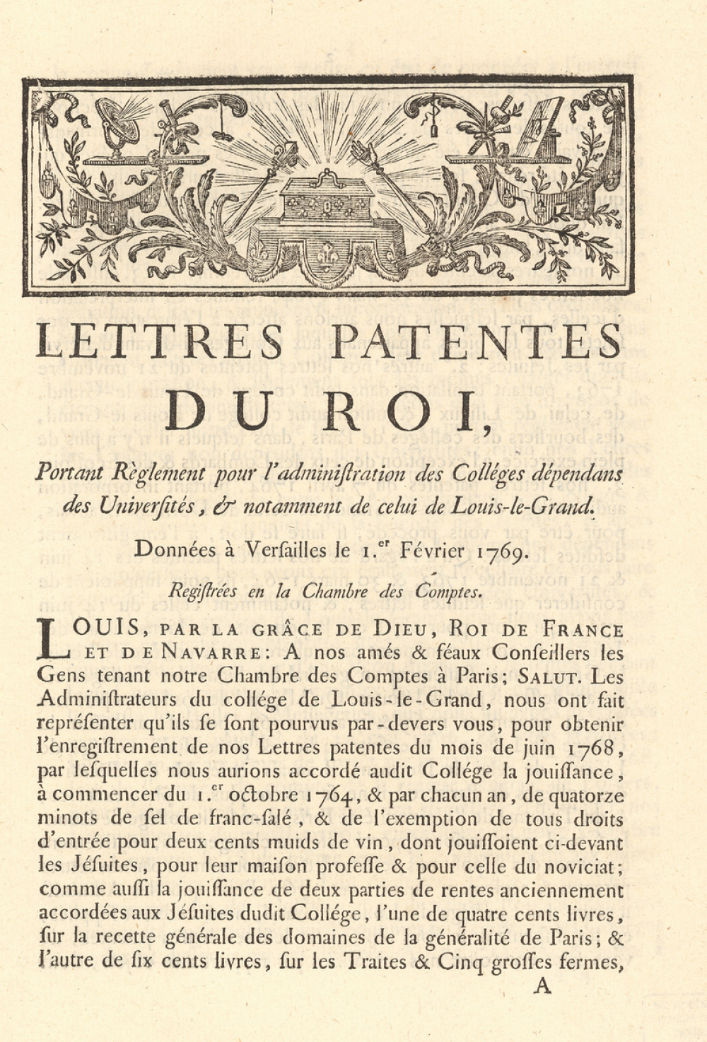 Lettre patentes du roi, en faveur du collège de la ville de Nevers