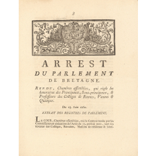 Arrest du Parlement de Bretagne rendu, chambres assemblées, qui règle les honoraires des Principaux, sous-principaux et professeurs des collèges de Rennes, Vannes et Quimper