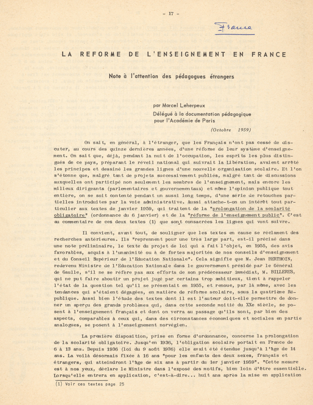 La Réforme de l'Enseignement en France. Note à l'attention des pédagogues étrangers.