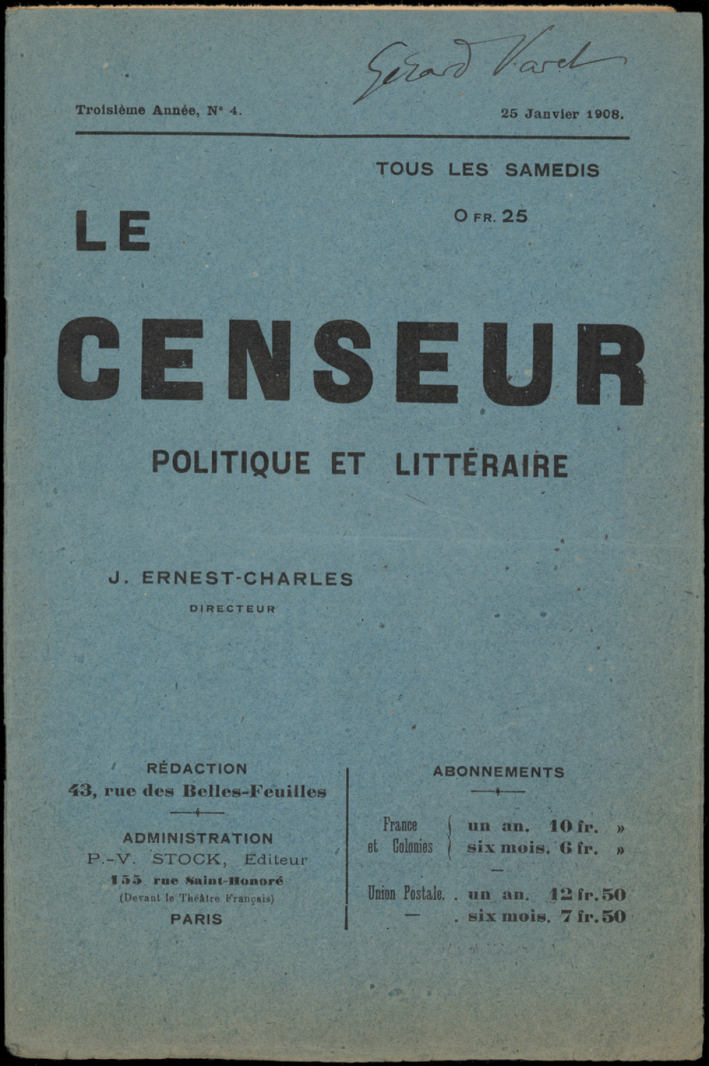 Neutralité scolaire et tribunaux in : Le Censeur politique et littéraire. 3e année. N°4. 25 janvier 1908.