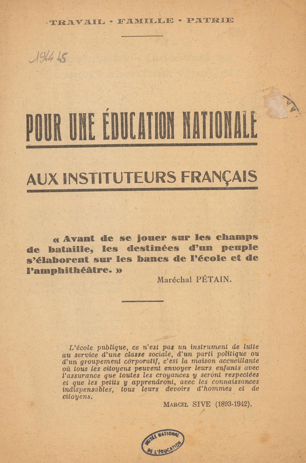 Pour une Education Nationale aux Instituteurs français.