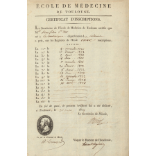 Ecole de médecine de Toulouse. Certificat d'inscriptions.