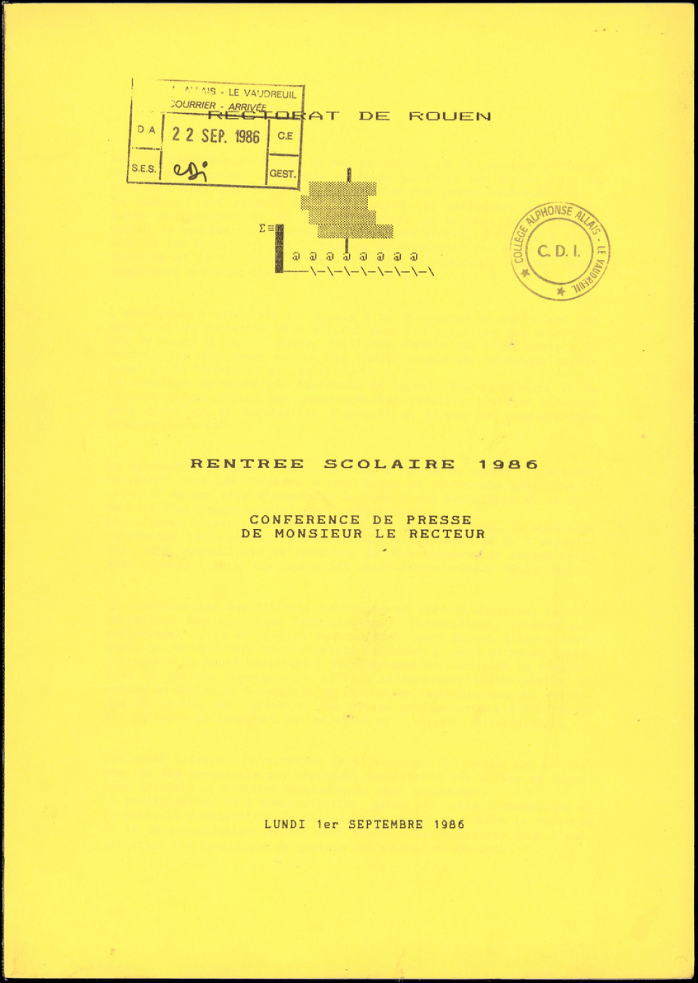 Rentrée scolaire 1986. Conférence de Presse de Monsieur le Recteur. Lundi 1er septembre 1986.