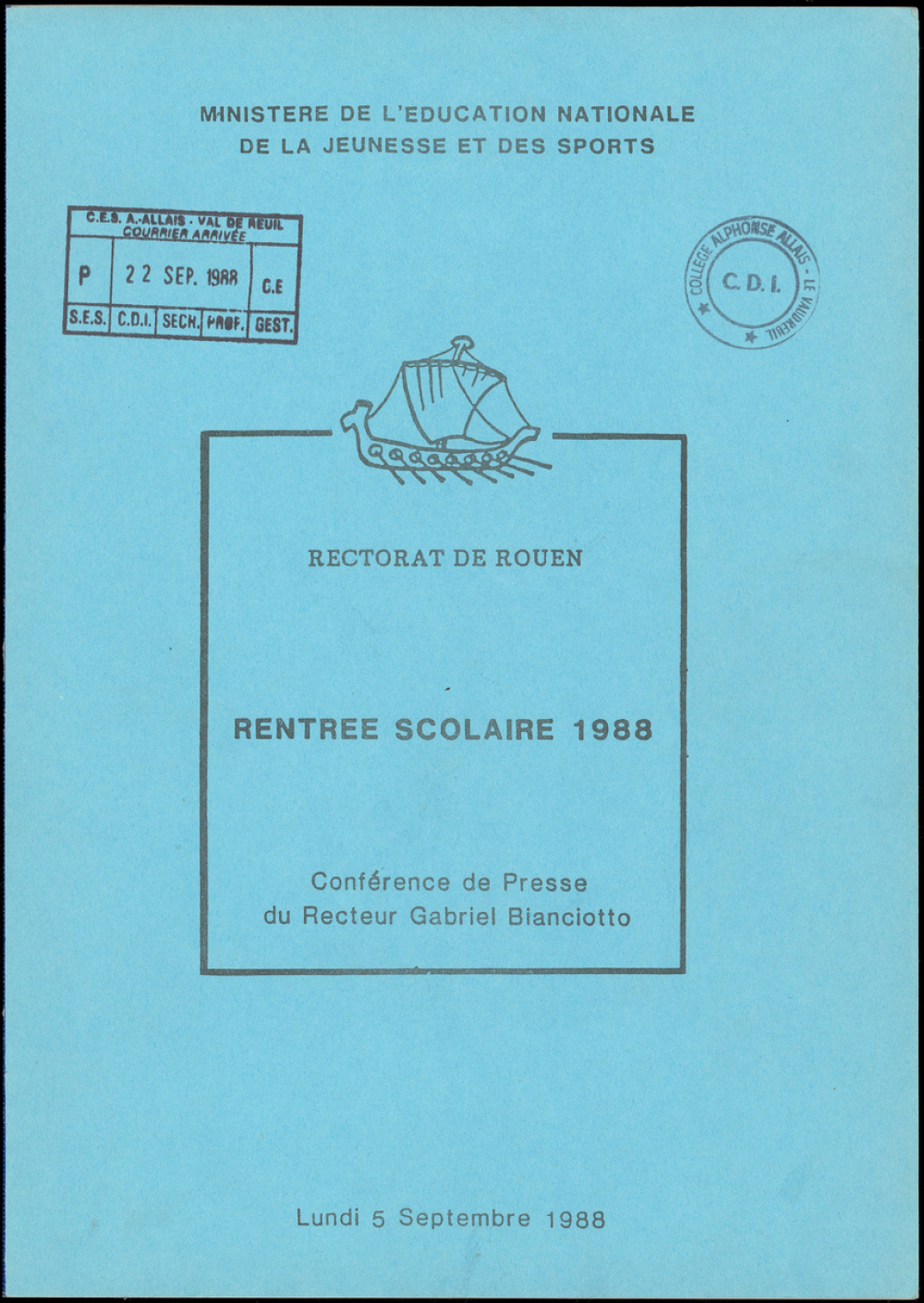 Rentrée scolaire 1988. Conférence de Presse du Recteur Gabriel Bianciotto. Lundi 5 septembre 1987.