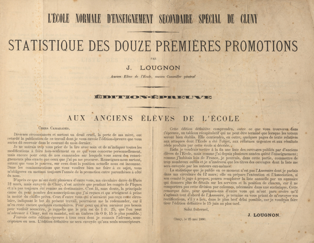 L'école normale d'enseignement secondaire spécial de Cluny : statistique des douze premières promotions