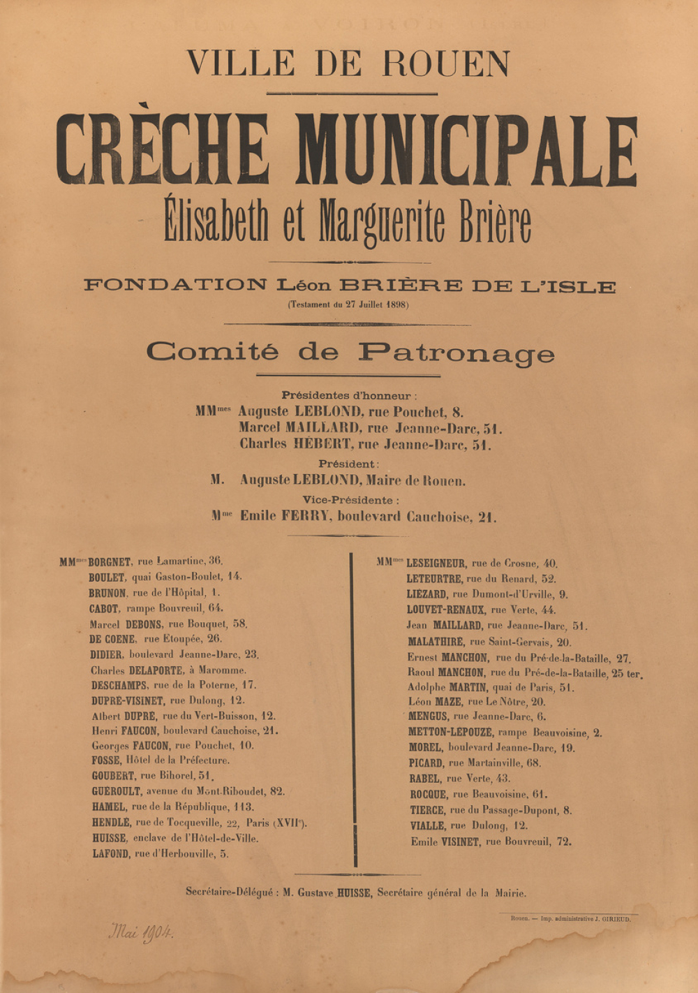 Ville de Rouen. Crèche municipale Elisabeth et Marguerite Brière. Comité de patronage.