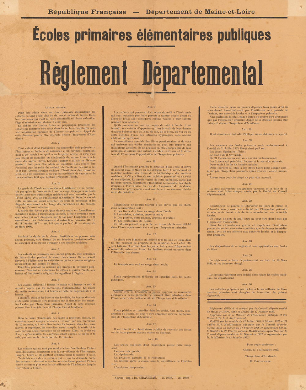 République Française - Département de Maine-et-Loire. Ecoles primaires élémentaires publiques. Règlement départemental.