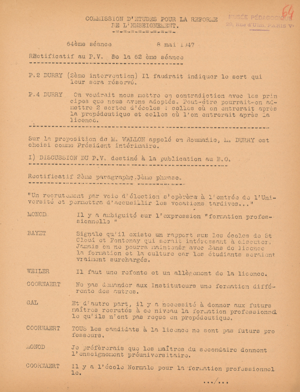 Commission d'étude Langevin-Wallon pour la réforme de l'enseignement. Procès-verbaux des séances pleinières. 1944-1947. 