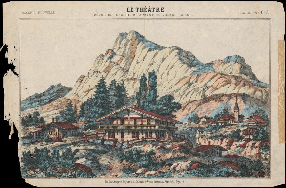 Le théâtre : Décor de fond représentant un village suisse