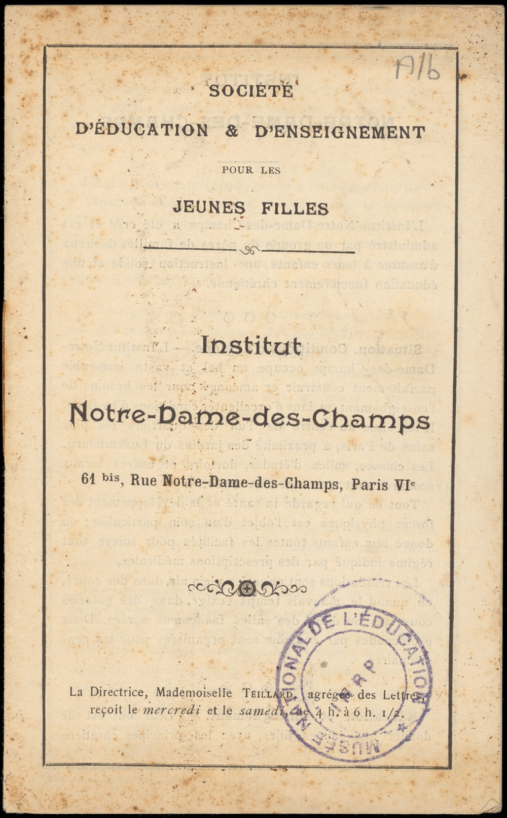 Institut Notre-Dame-des-Champs. Société d'Education & d'Enseignement pour les Jeunes Filles.
