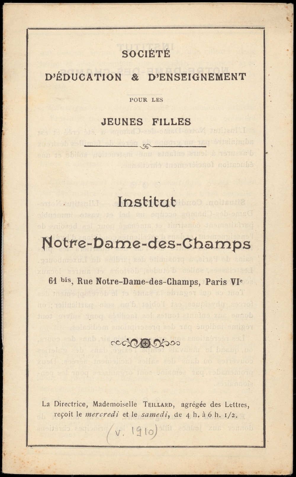 Institut Notre-Dame-des-Champs. Société d'Education & d'Enseignement pour les Jeunes Filles.