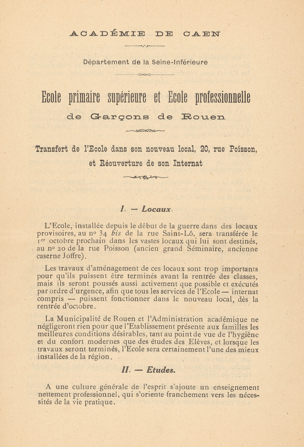 Prospectus de l'École Primaire Supérieure et École professionnelle de garçons de Rouen