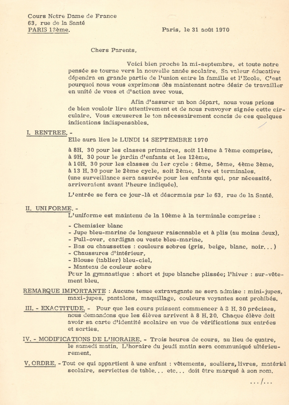 Lettre aux parents des élèves du Cours Notre Dame de France à Paris. 