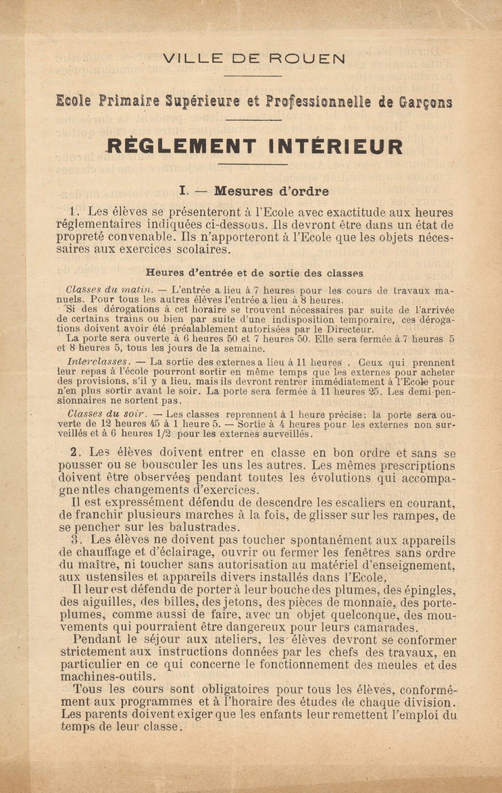Réglement de l'École Primaire Supérieure et Professionnelle de garçons de Rouen. 