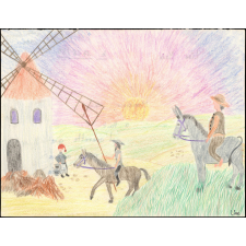 Sancho et Don Quichotte avec les moulins