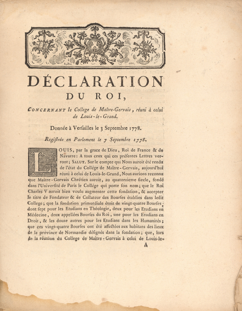 Déclaration du Roi, Concernant le Collège de Maître-Gervais, réuni à celui de Louis-le-Grand.