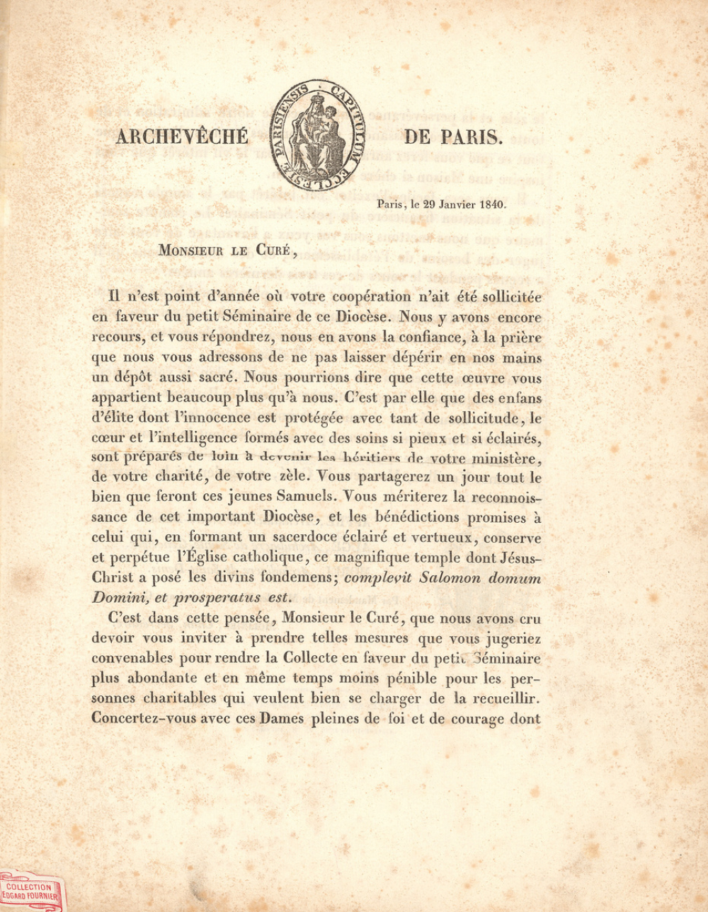 Archevêché de Paris. Collecte en faveur du petit séminaire. 