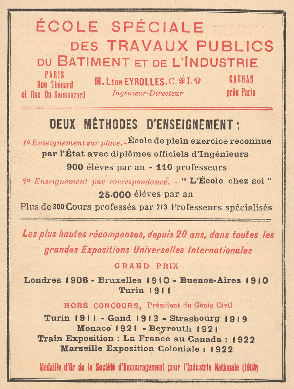 Prospectus pour l'École Spéciale des Travaux Publics, du Bâtiment et de l'Industrie de Paris. 