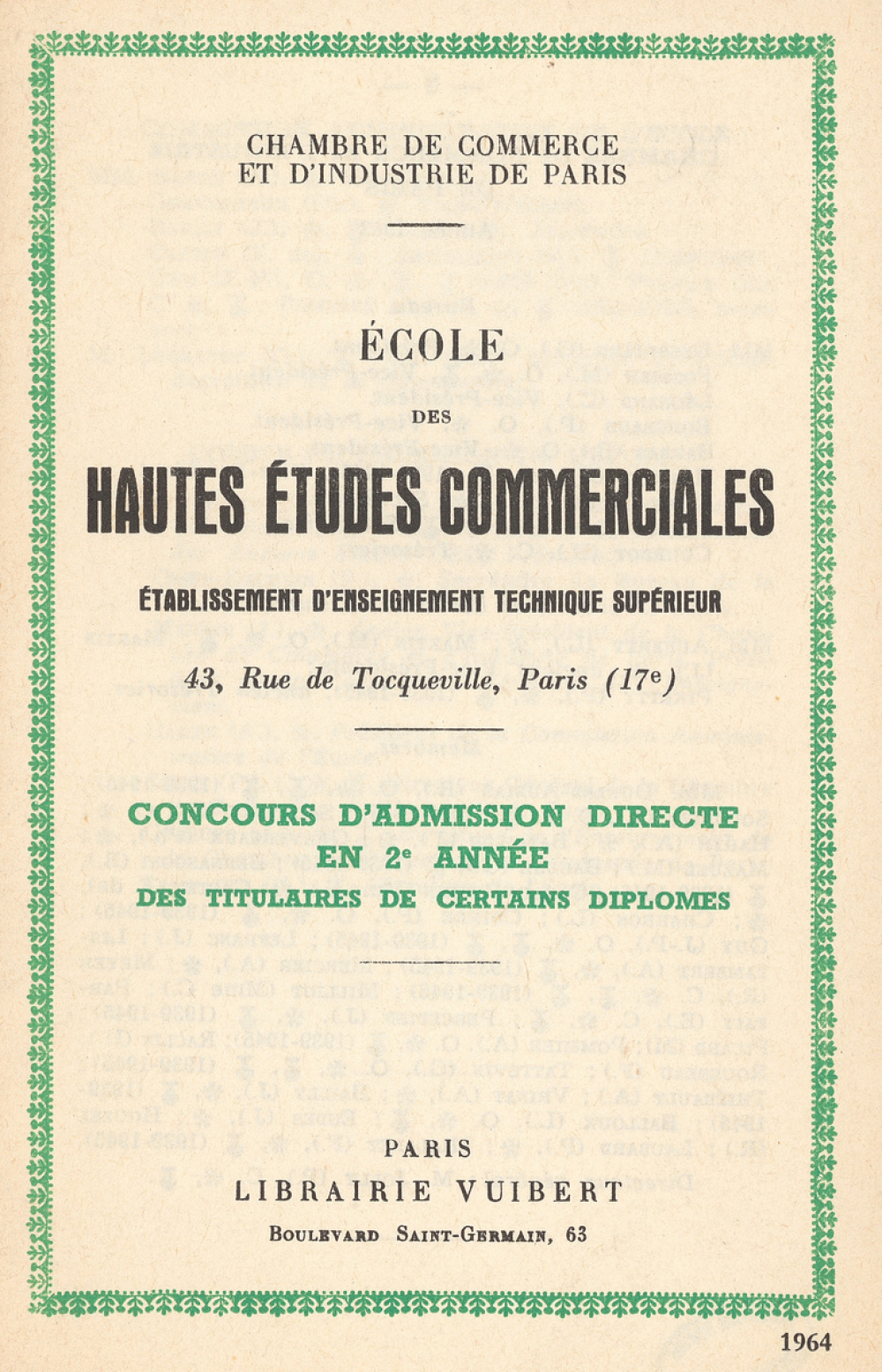 École des Hautes Études Commerciales. Concours d'admission directe en 2e année des titulaires de certains diplômes. Année 1964.